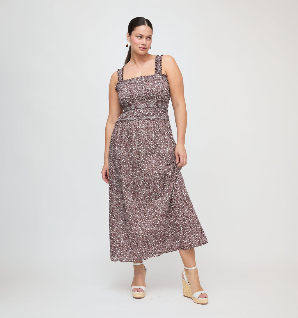 Eamon Azalea Maxi Nap Dress Chocolate Ditsy Thistle Smocked Bodice 4