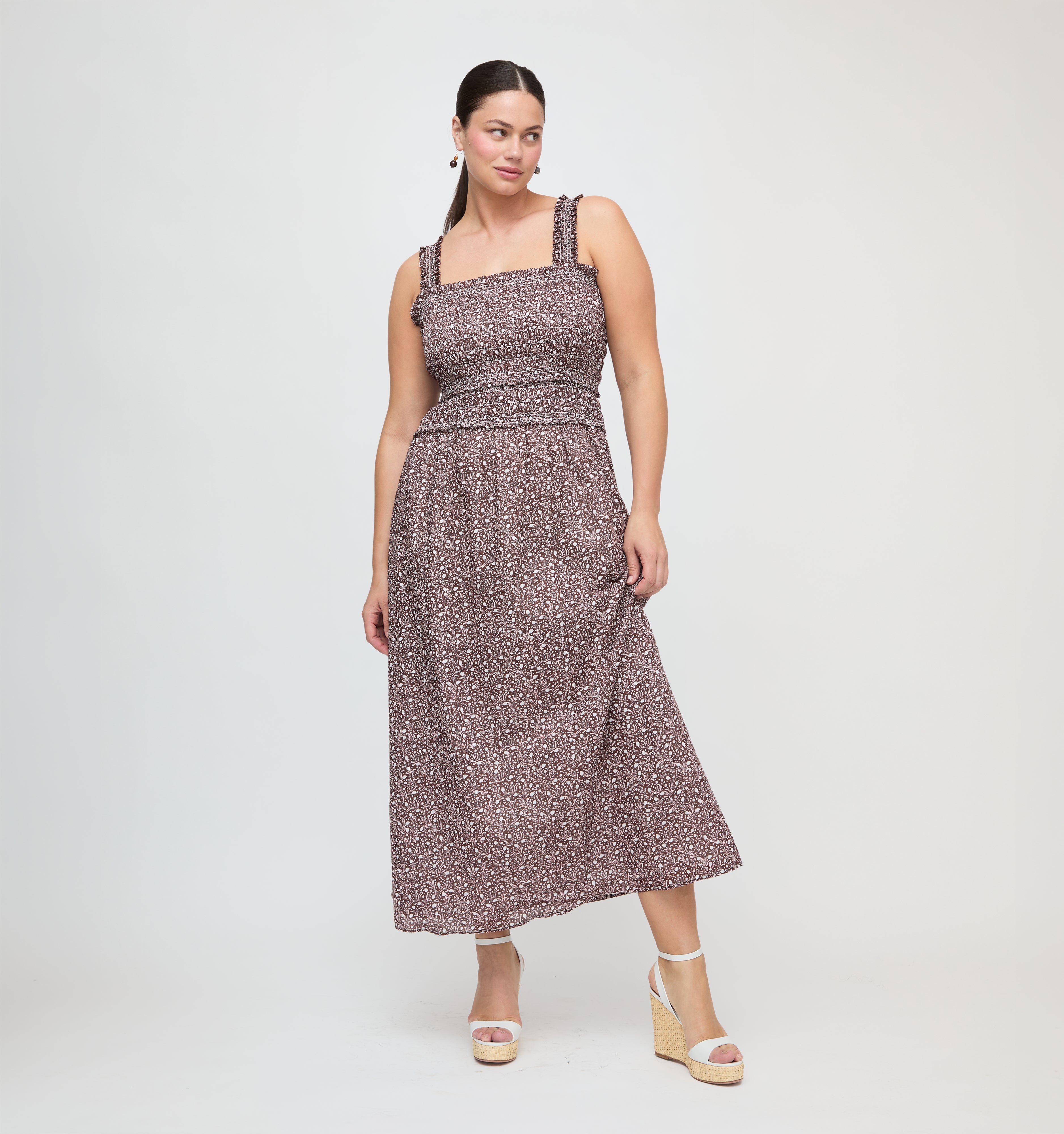 Eamon Azalea Maxi Nap Dress Chocolate Ditsy Thistle Smocked Bodice 4