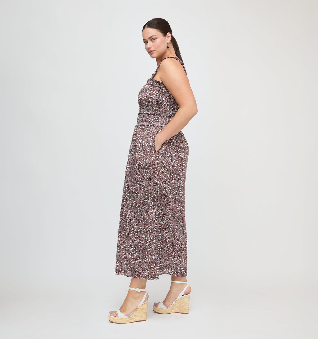 Eamon Azalea Maxi Nap Dress Chocolate Ditsy Thistle Smocked Bodice 5