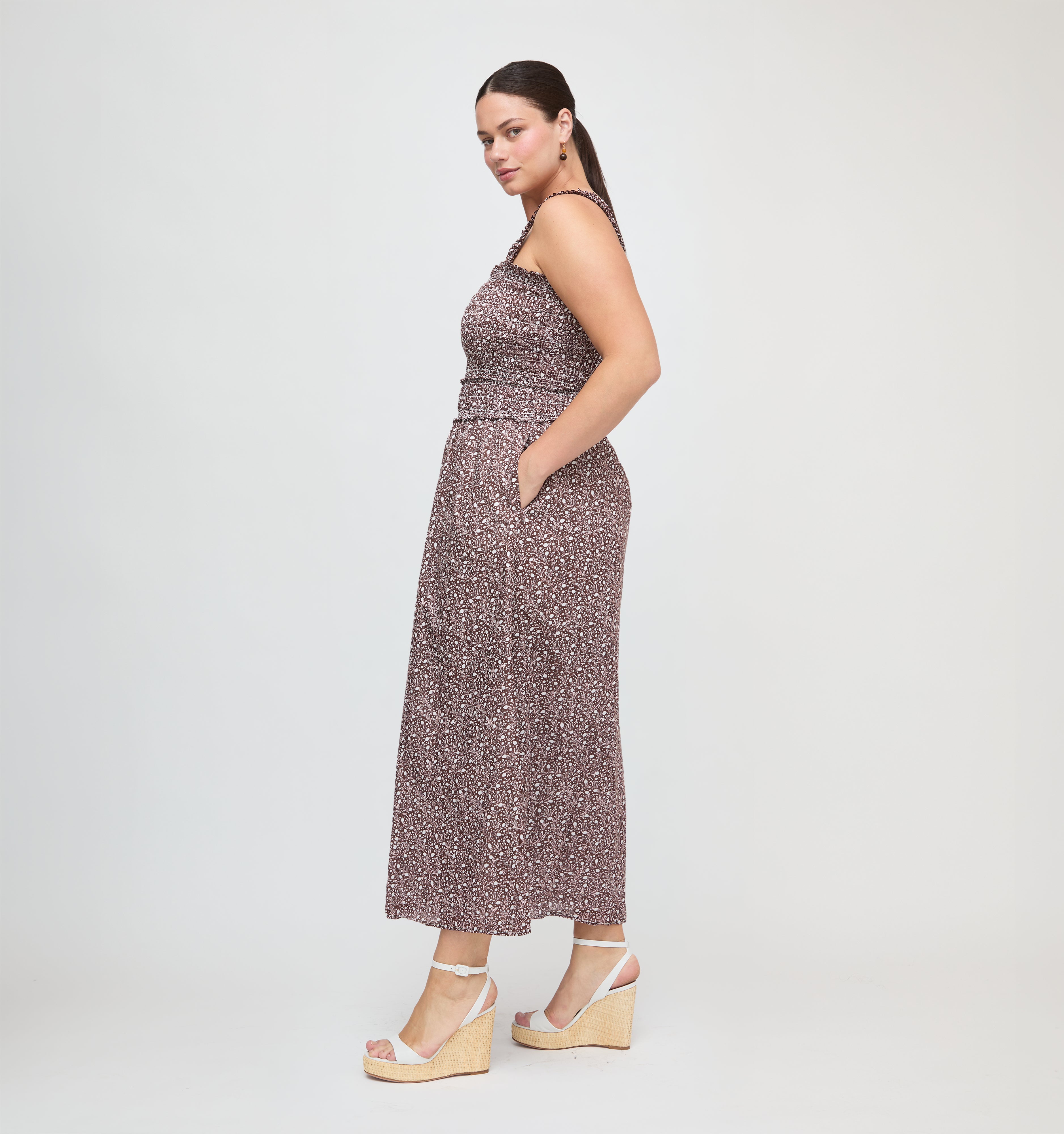 Eamon Azalea Maxi Nap Dress Chocolate Ditsy Thistle Smocked Bodice 5