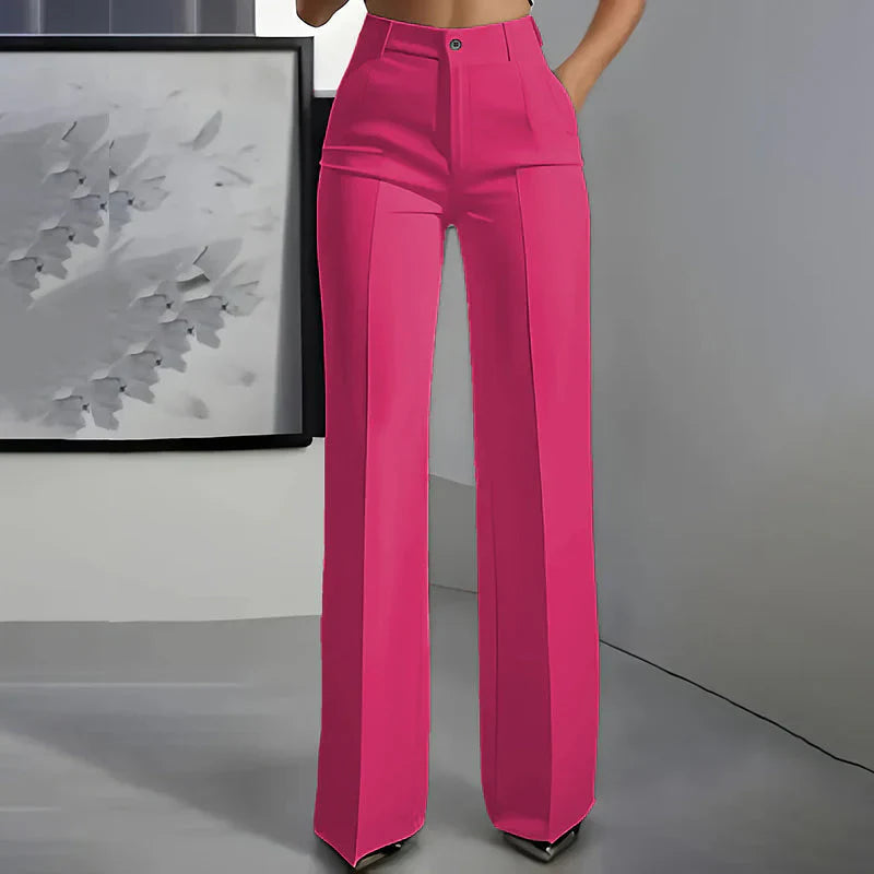 High-waisted pants in dusty rose with a chic, tailored style. 10