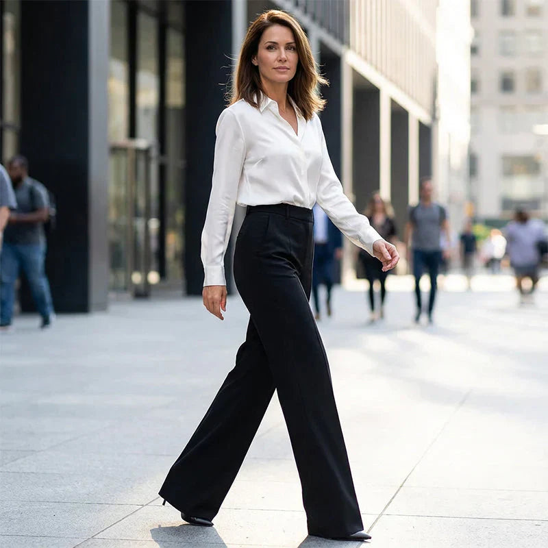 High-waisted pants in dusty rose with a chic, tailored style. 2
