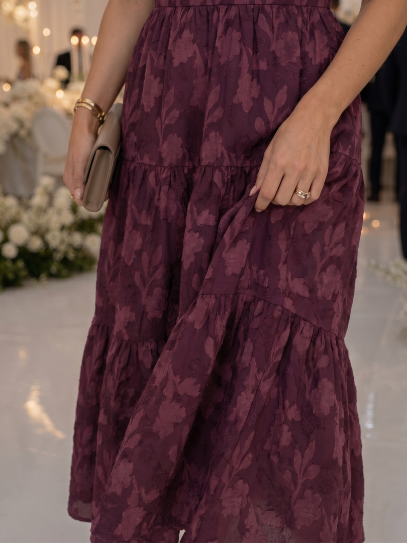 Elaria short sleeve midi dress in soft pink with a floral pattern and textured fabric for a casual, feminine look. 8