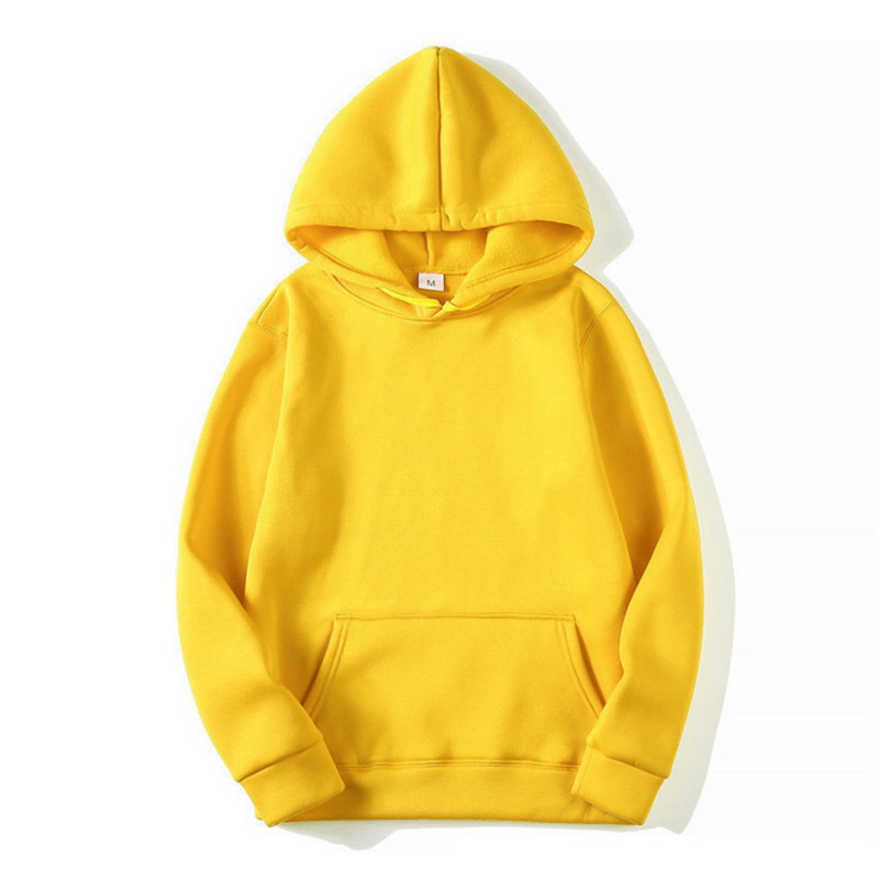 Yellow men's pullover hoodie with a drawstring hood and kangaroo pocket.