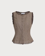 Brown plaid cotton vest with a single-breasted design and round neck. Casual style suitable for layering. 4
