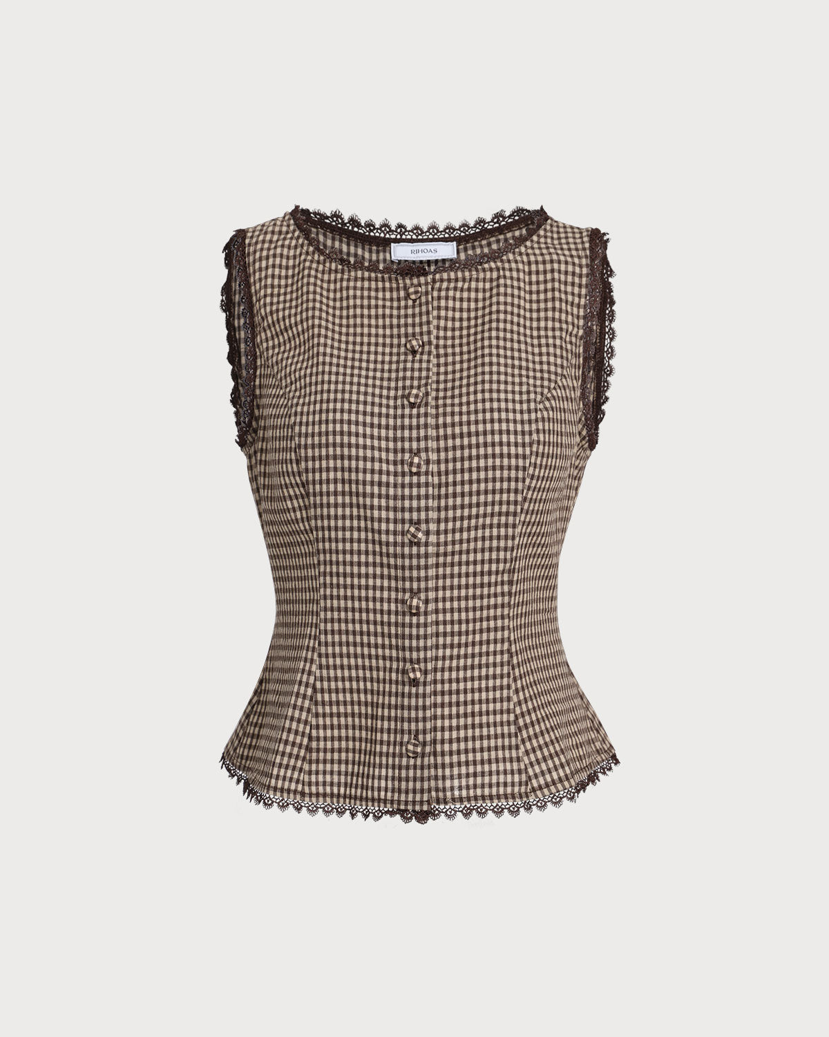 Brown plaid cotton vest with a single-breasted design and round neck. Casual style suitable for layering. 4