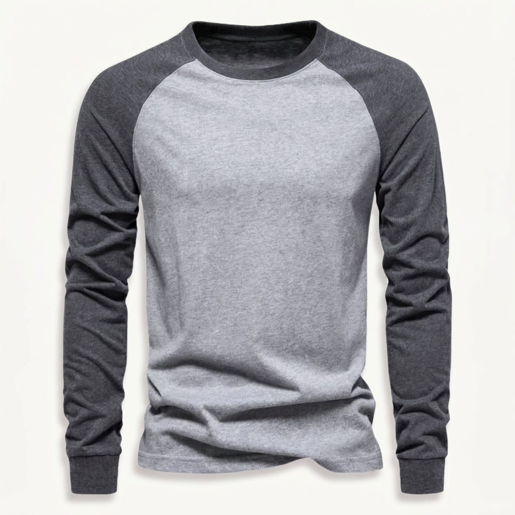 Grey men's long sleeve raglan t-shirt with dark grey contrast sleeves.