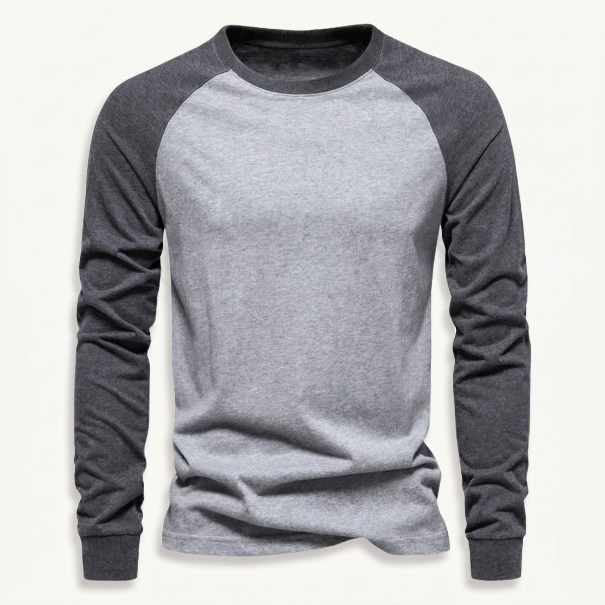 Grey men's long sleeve raglan t-shirt with dark grey contrast sleeves.