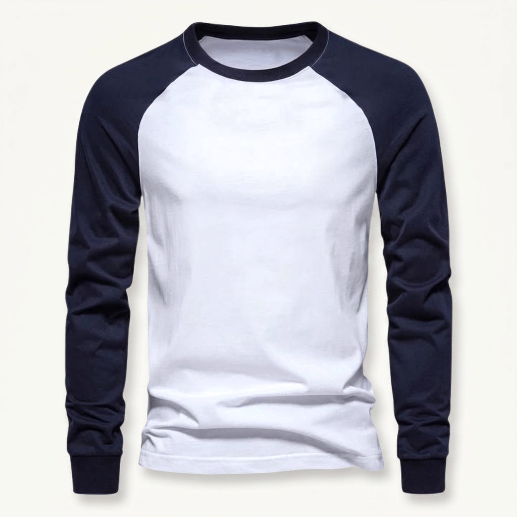 White men's long sleeve raglan t-shirt with navy contrast sleeves.