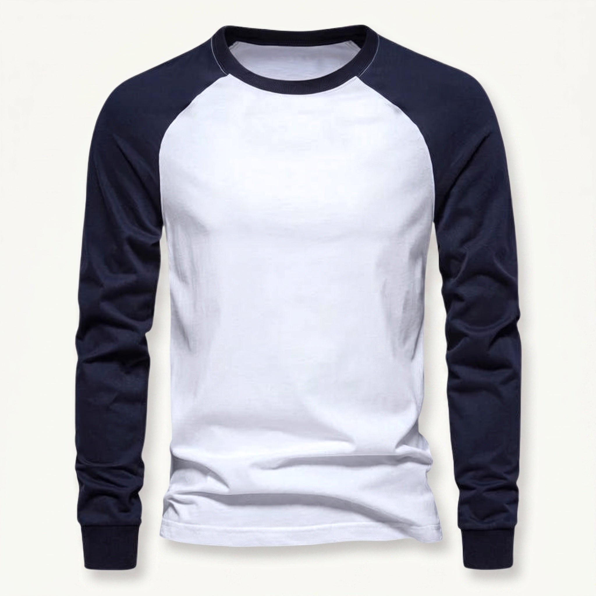 White men's long sleeve raglan t-shirt with navy contrast sleeves.