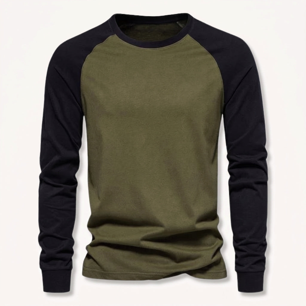 Olive green men's long sleeve raglan t-shirt with black contrast sleeves.