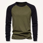 Olive green men's long sleeve raglan t-shirt with black contrast sleeves.