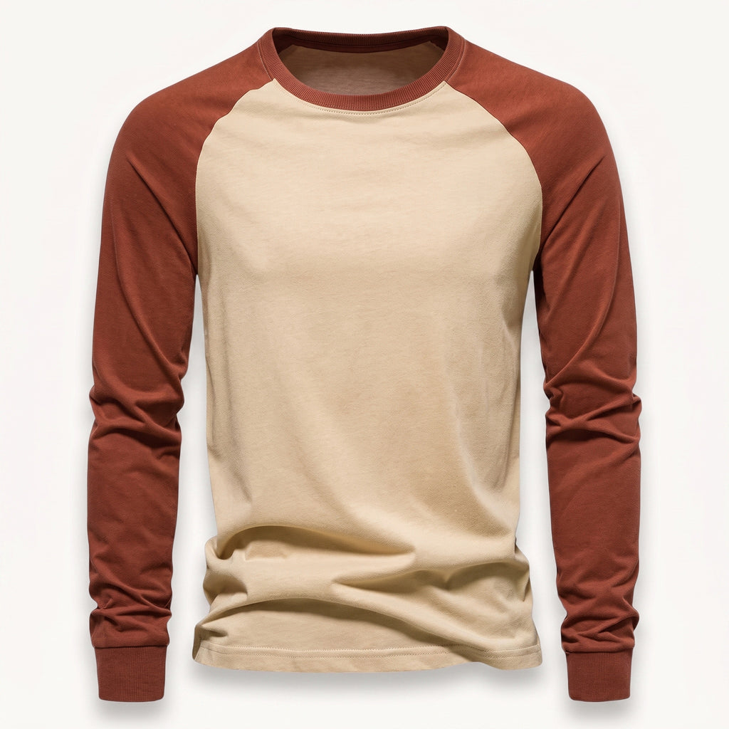 Beige men's long sleeve raglan t-shirt with rust contrast sleeves.
