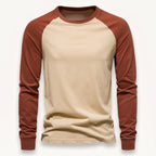 Beige men's long sleeve raglan t-shirt with rust contrast sleeves.