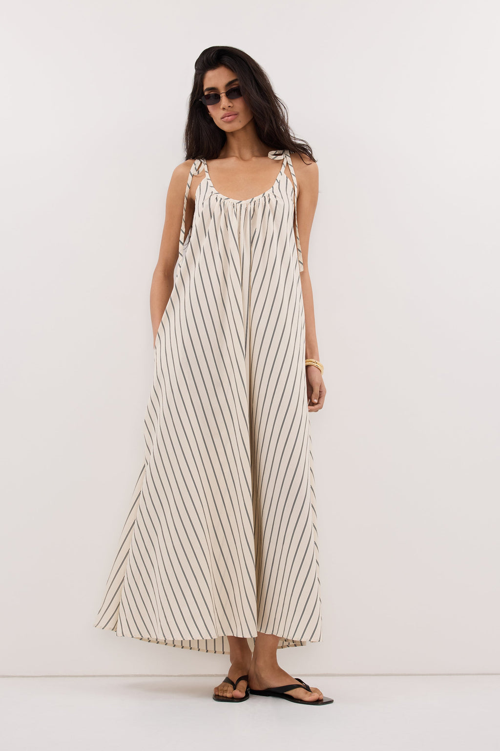 Elinor FABLE Cream Stripe Midi Dress Sleeveless Relaxed Fit 0