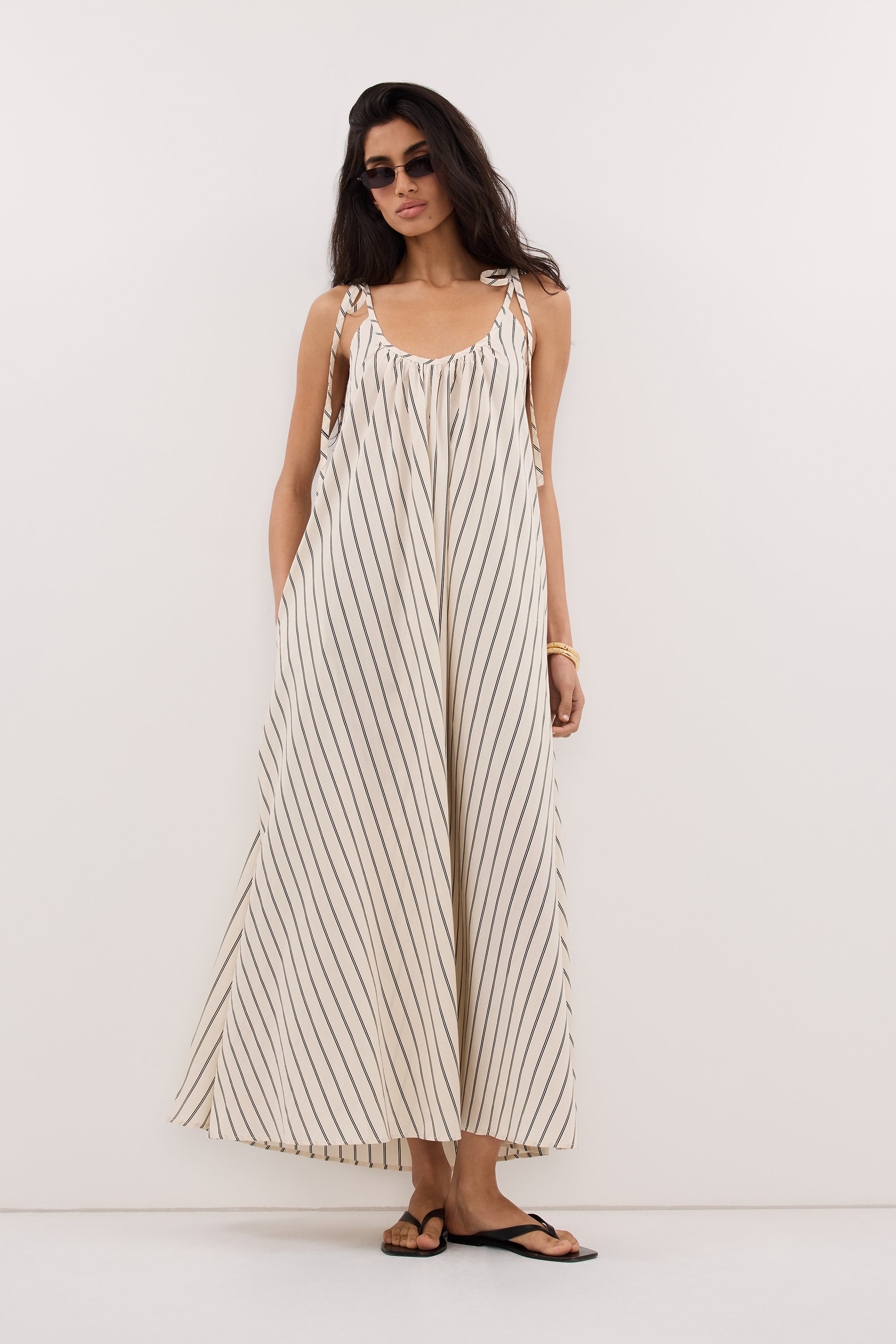 Elinor FABLE Cream Stripe Midi Dress Sleeveless Relaxed Fit 0
