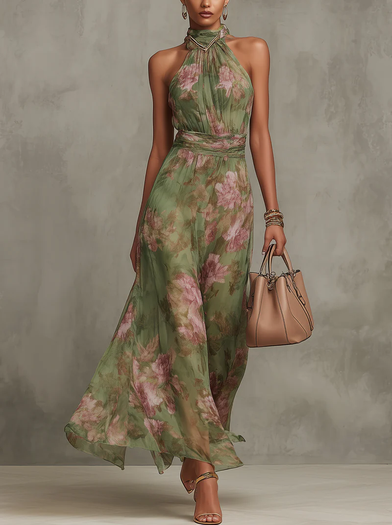 Eliza floral summer dress in pastel pink, featuring a halter neckline and a defined waist for a feminine silhouette. 0