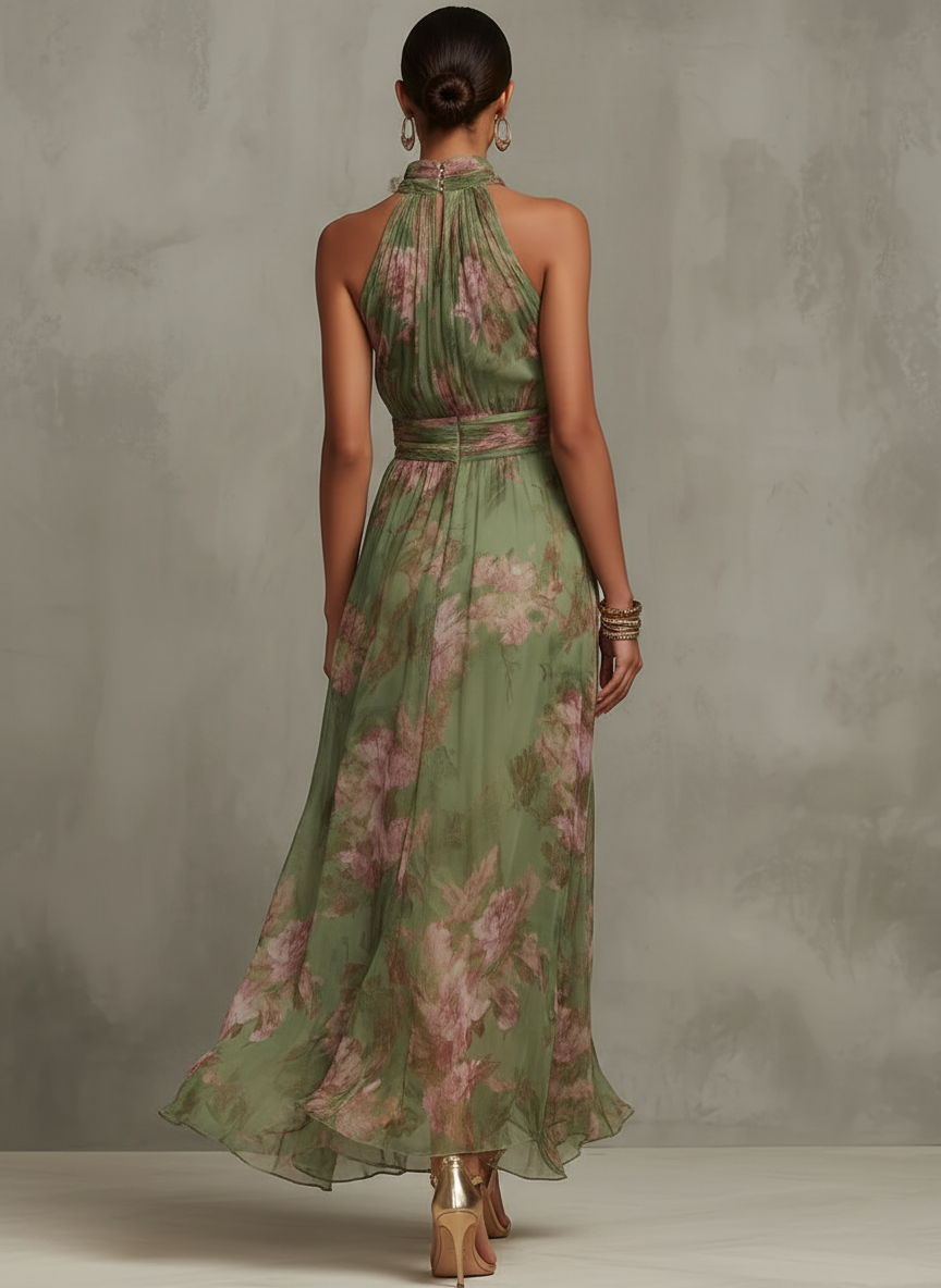 Eliza floral summer dress in pastel pink, featuring a halter neckline and a defined waist for a feminine silhouette. 1
