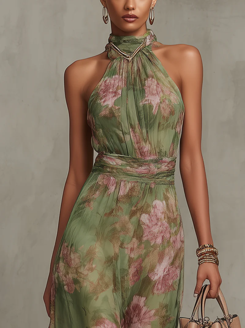 Eliza floral summer dress in pastel pink, featuring a halter neckline and a defined waist for a feminine silhouette. 2
