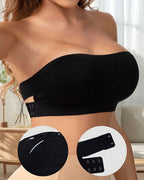 Black seamless bandeau bralette with crisscross side closure, offering a modern and minimalist style. 3