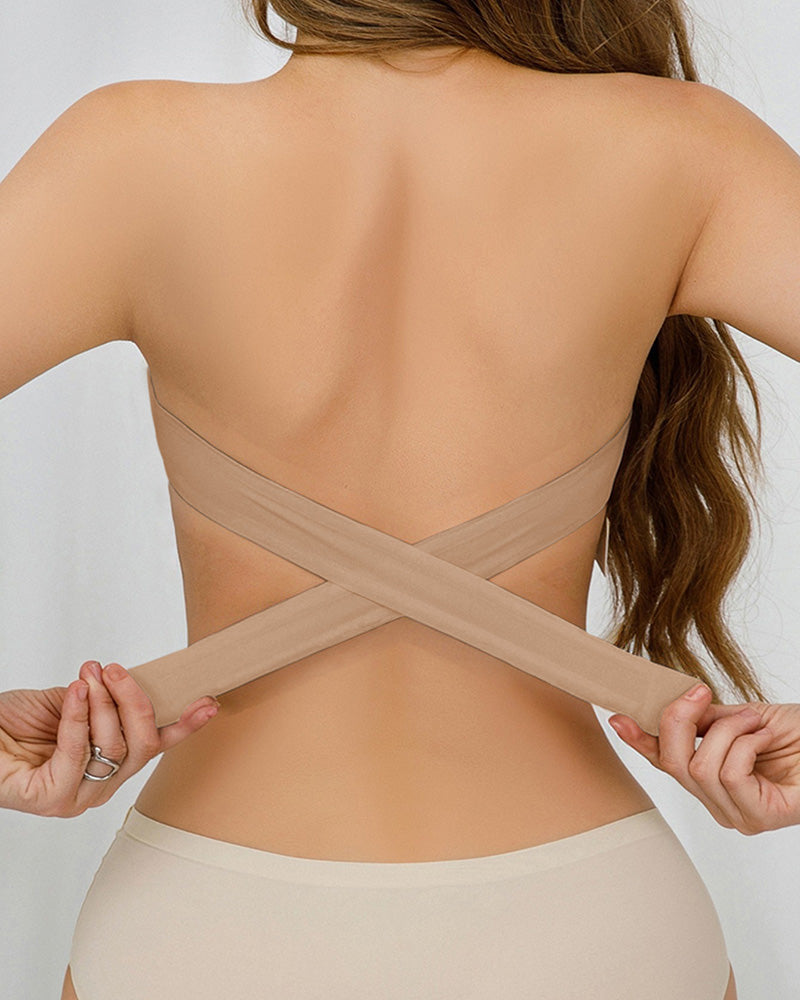 Black seamless bandeau bralette with crisscross side closure, offering a modern and minimalist style. 8