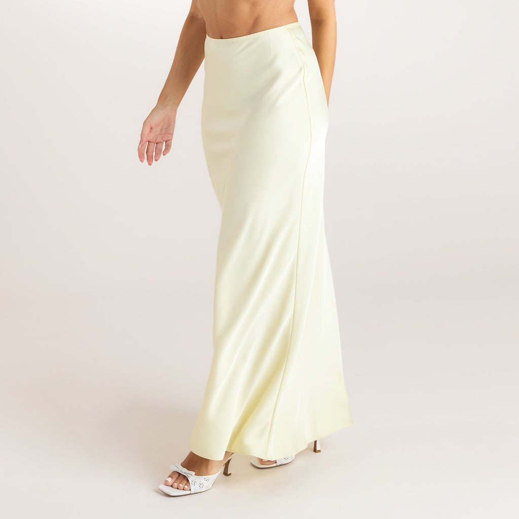 Lemon satin maxi skirt with a fishtail design and an elasticated waistband. 2