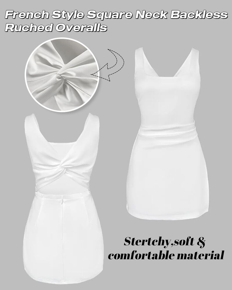 Light blue slim fit skort romper with a square neck and backless design, featuring a discreet zipper closure. 6