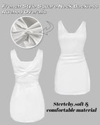 Light blue slim fit skort romper with a square neck and backless design, featuring a discreet zipper closure. 6