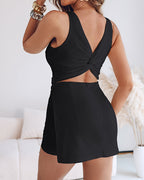 Light blue slim fit skort romper with a square neck and backless design, featuring a discreet zipper closure. 8