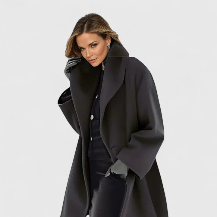 Women's wide lapel wrap coat in black with a relaxed fit.