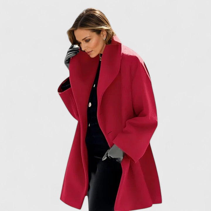 Women's wide lapel wrap coat in red with a relaxed fit.