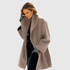 Women's wide lapel wrap coat in taupe with a relaxed fit.