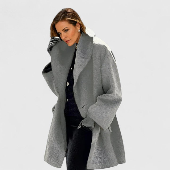 Women's wide lapel wrap coat in grey with a relaxed fit.