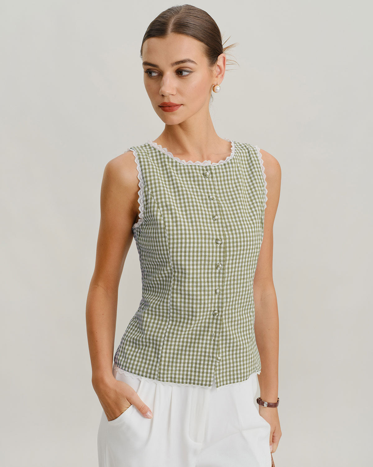 Light green plaid tank top with a boat neck, slim fit, and sleeveless design. 0