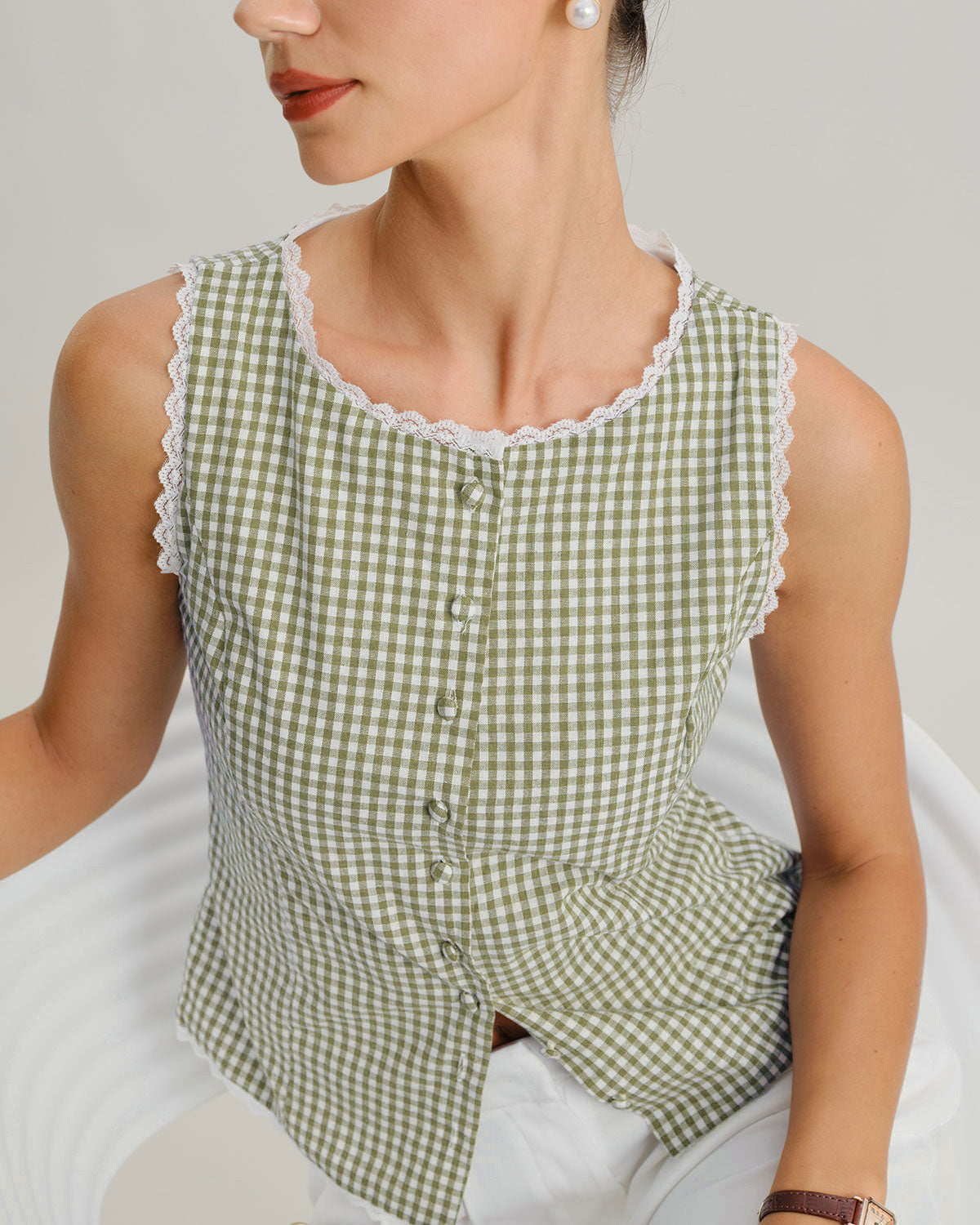 Light green plaid tank top with a boat neck, slim fit, and sleeveless design. 1