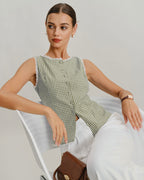 Light green plaid tank top with a boat neck, slim fit, and sleeveless design. 2