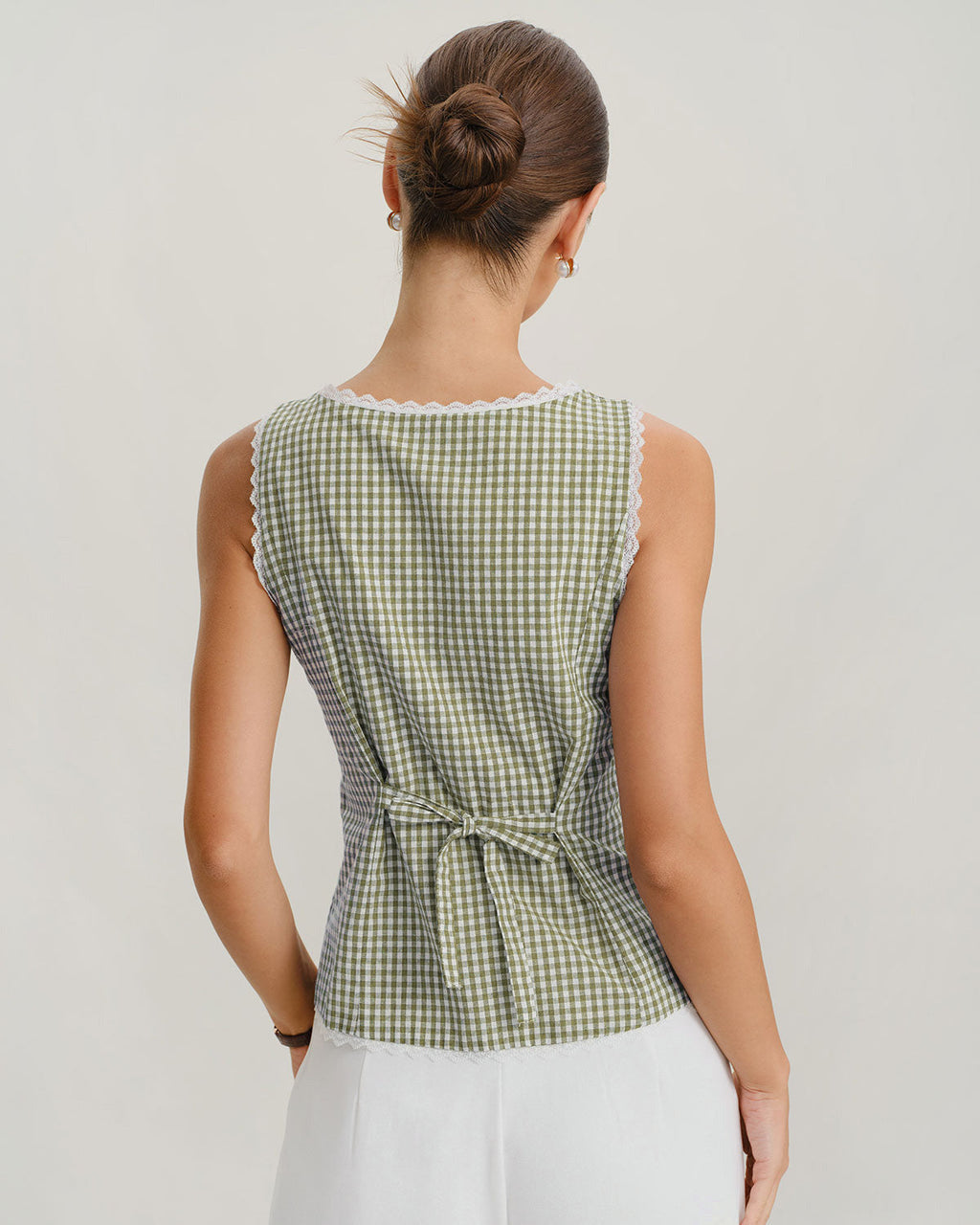 Light green plaid tank top with a boat neck, slim fit, and sleeveless design. 3