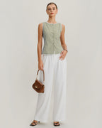 Light green plaid tank top with a boat neck, slim fit, and sleeveless design. 4
