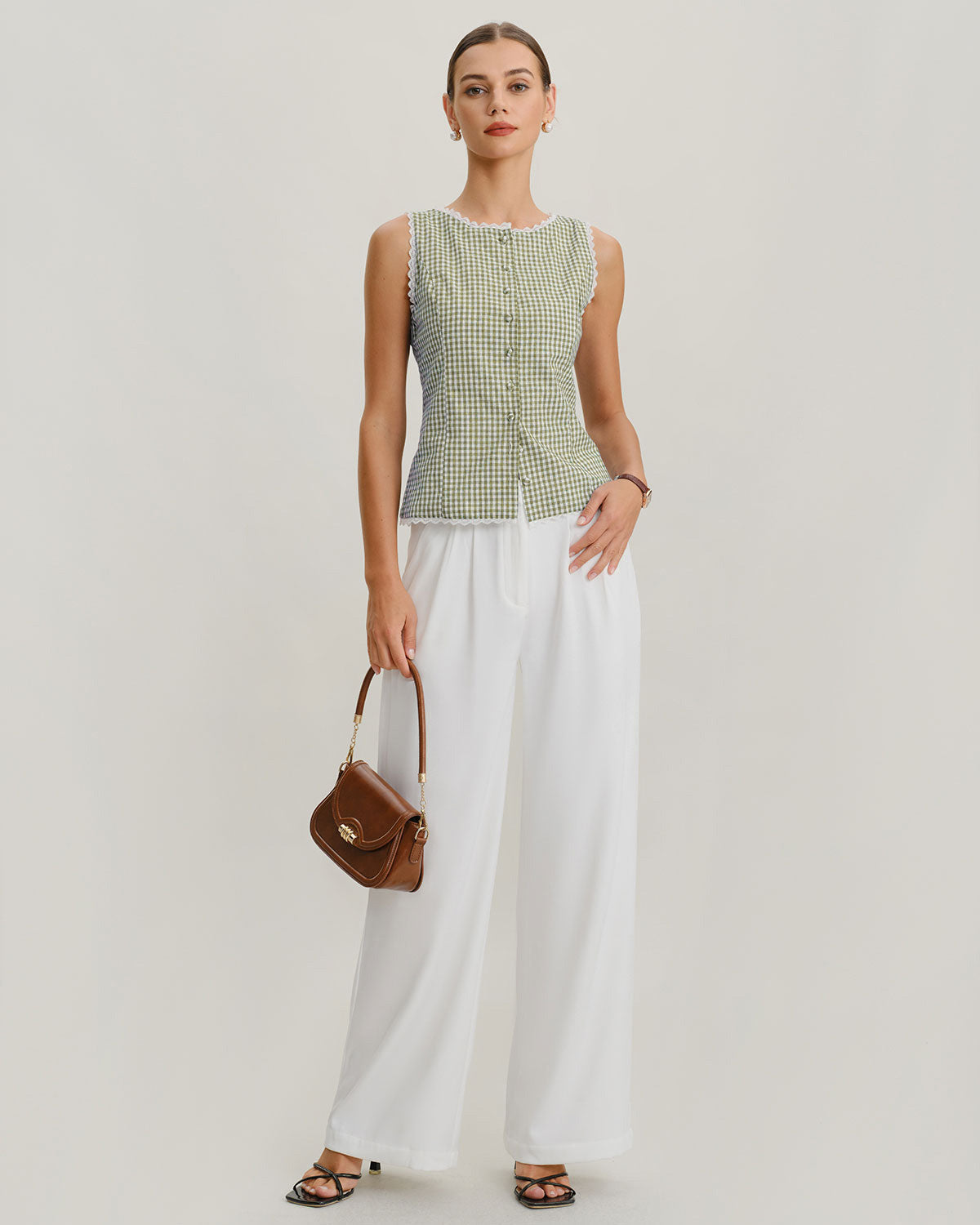 Light green plaid tank top with a boat neck, slim fit, and sleeveless design. 4