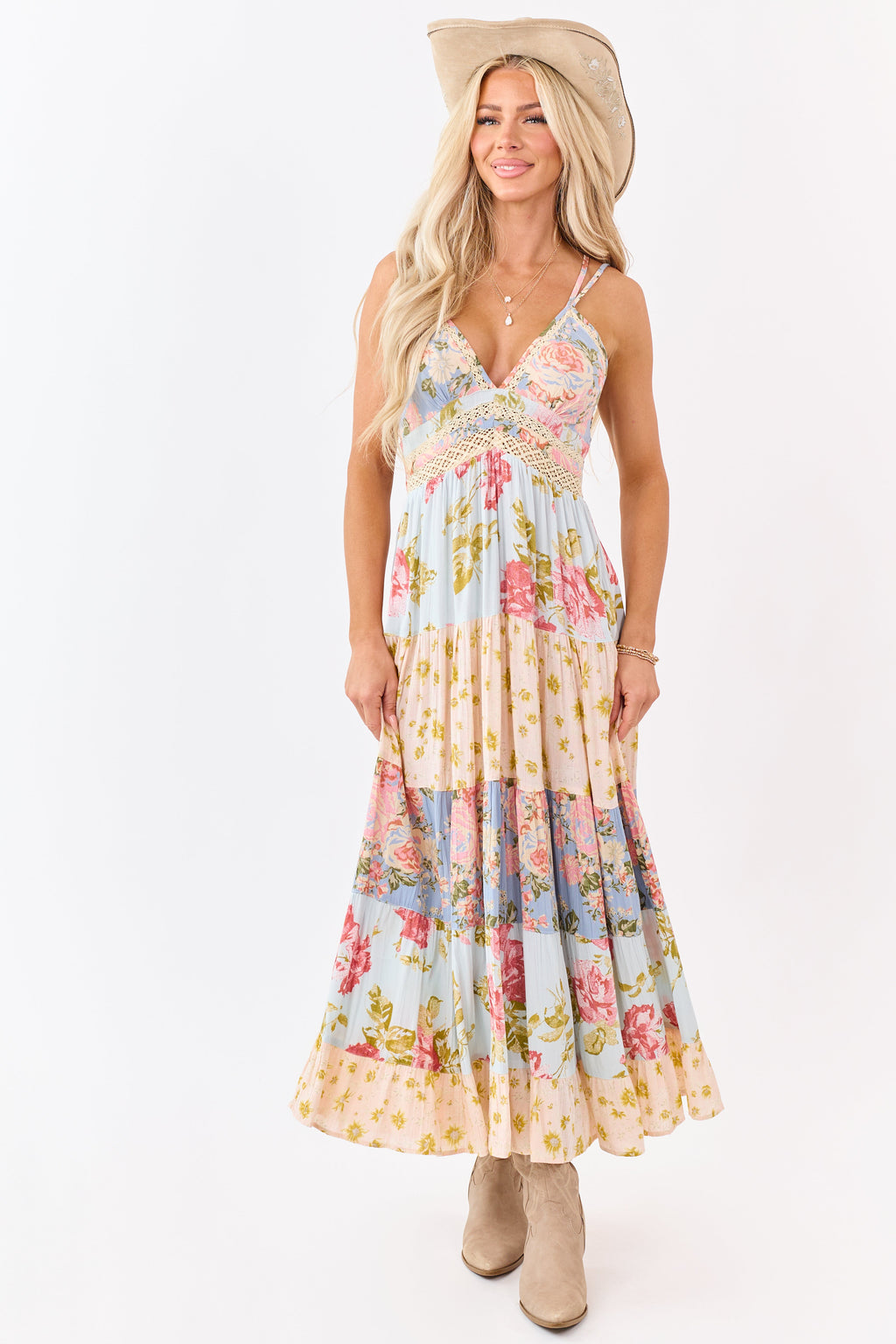 Sky blue maxi dress featuring a floral print and lace trim for a bohemian style. 0