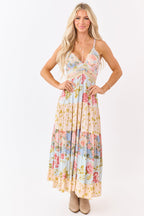 Sky blue maxi dress featuring a floral print and lace trim for a bohemian style. 1
