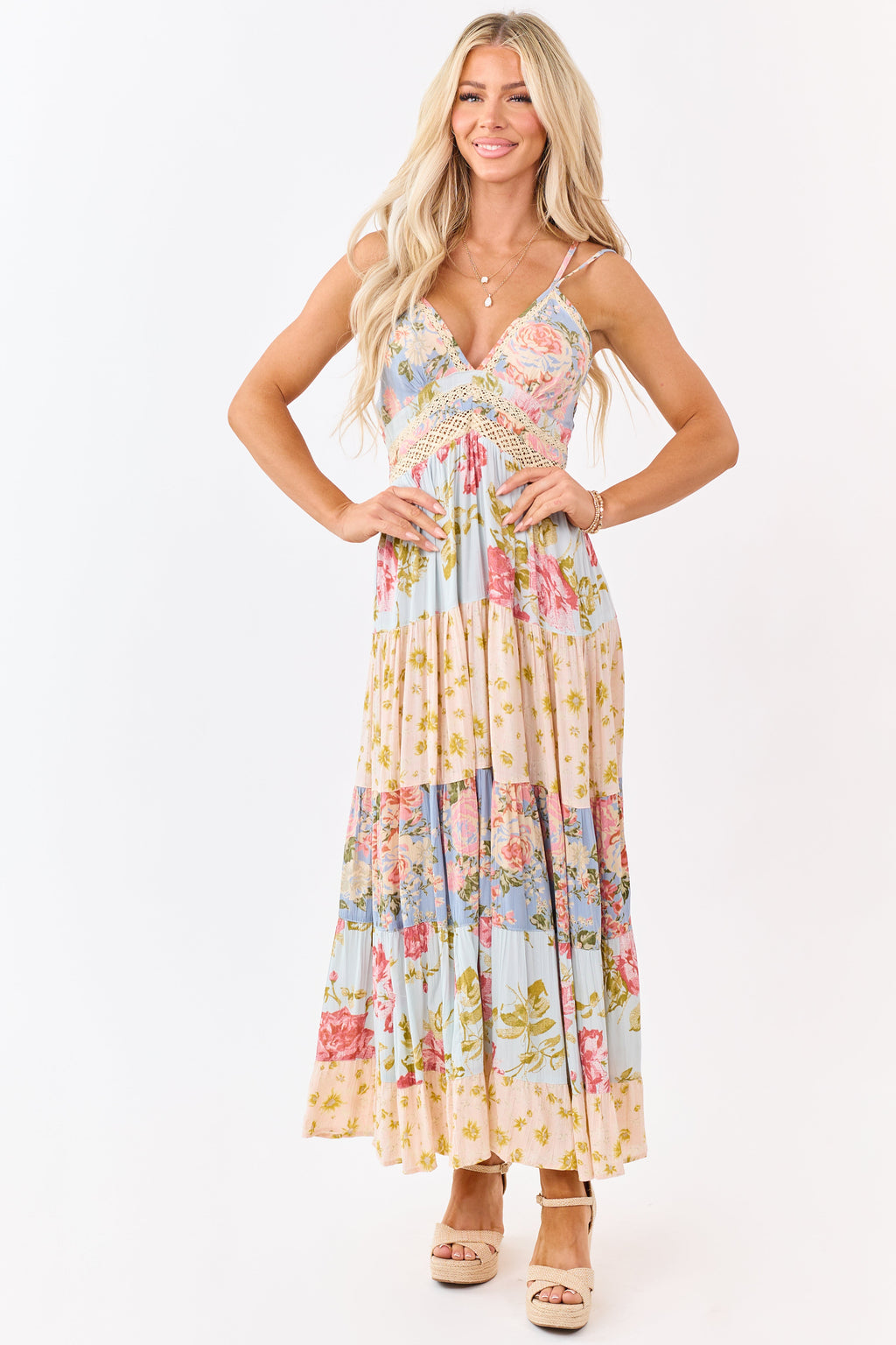 Sky blue maxi dress featuring a floral print and lace trim for a bohemian style. 3