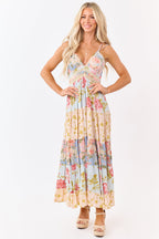 Sky blue maxi dress featuring a floral print and lace trim for a bohemian style. 3