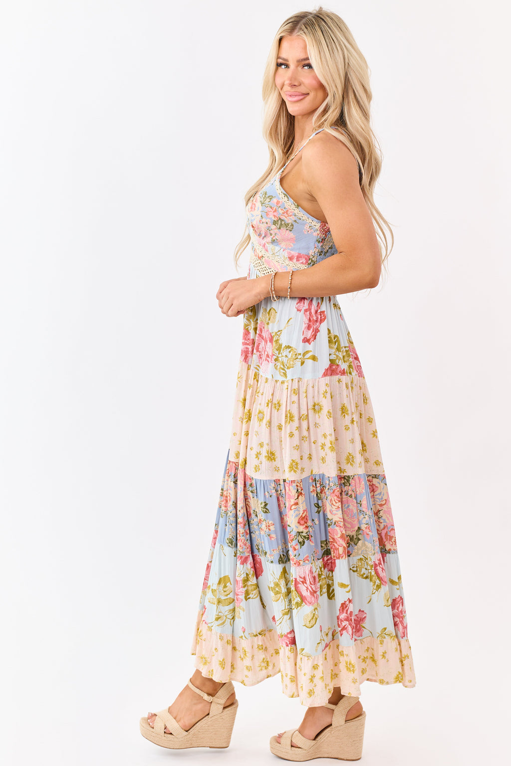 Sky blue maxi dress featuring a floral print and lace trim for a bohemian style. 4