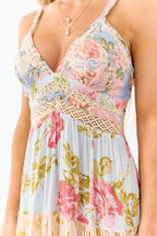 Sky blue maxi dress featuring a floral print and lace trim for a bohemian style. 6