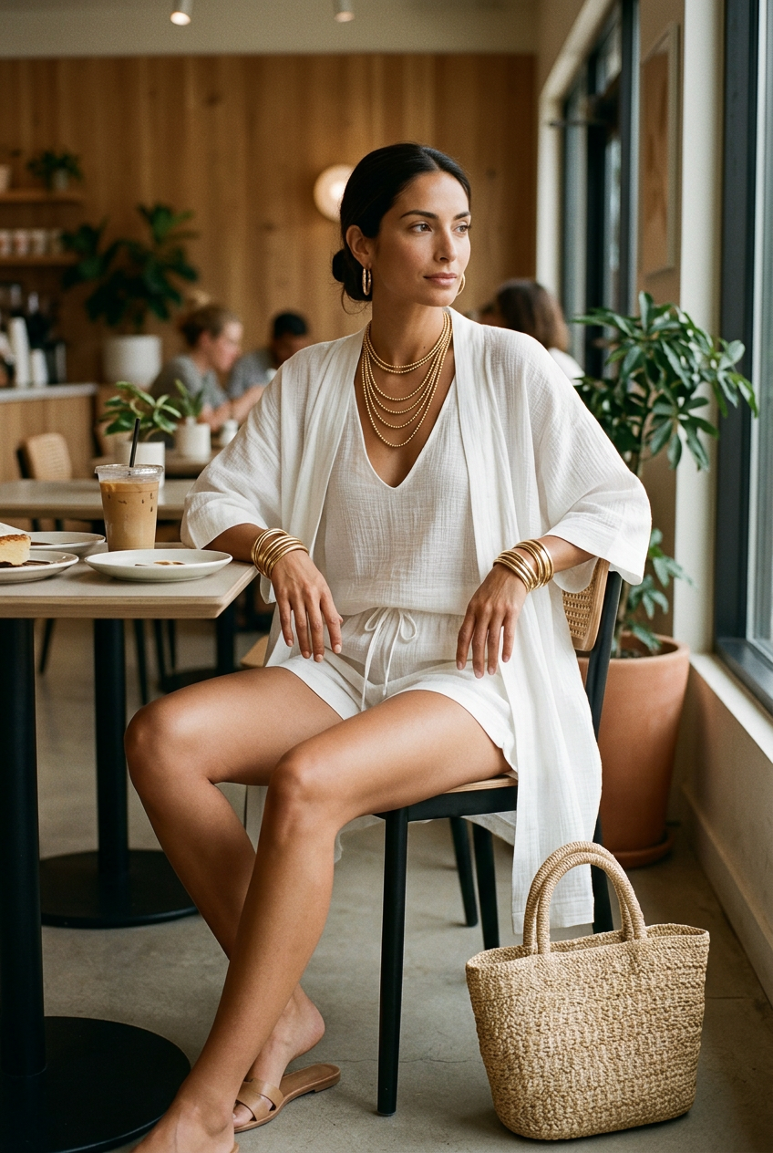 Lightweight three-piece loungewear set in soft beige, featuring a relaxed fit and layered design. 4
