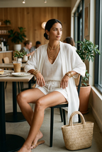 Lightweight three-piece loungewear set in soft beige, featuring a relaxed fit and layered design. 4