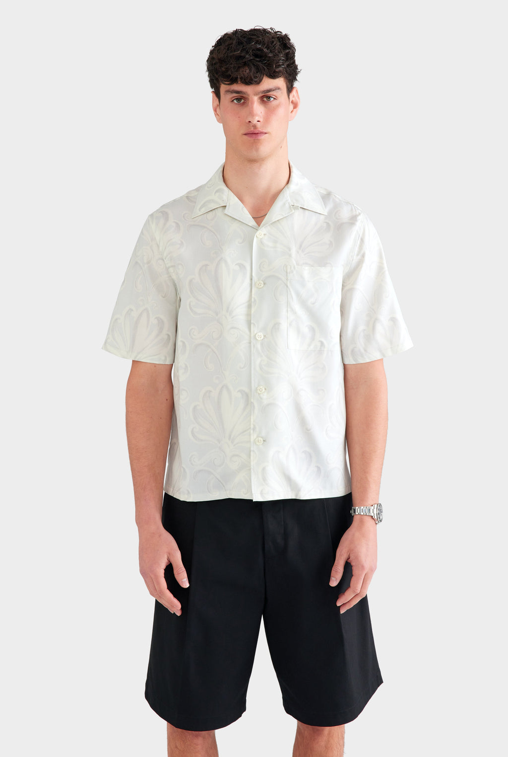 Elric Men's Shirt Grey Blue Silk Camp Collar with Palmette Floral Print 0