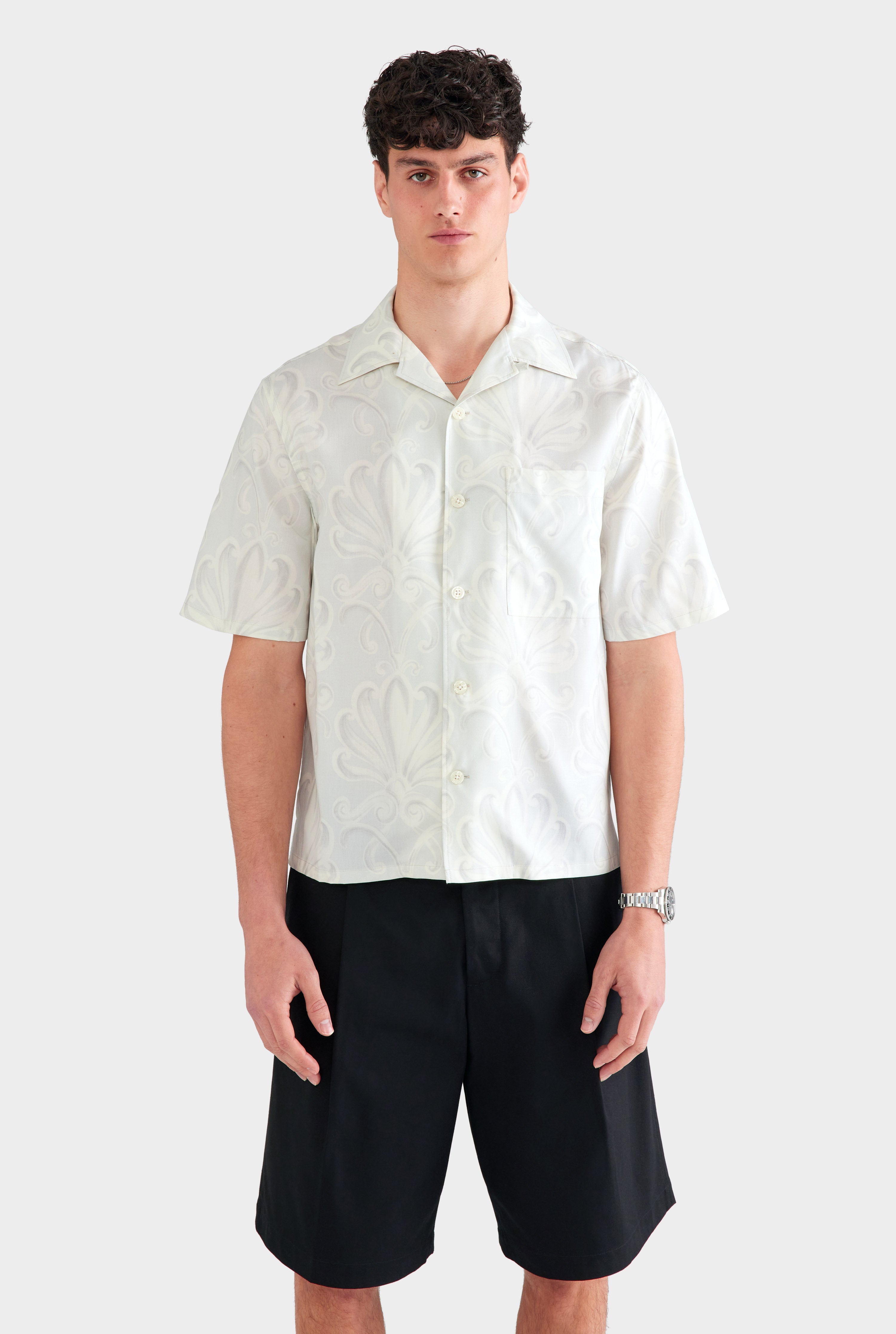 Elric Men's Shirt Grey Blue Silk Camp Collar with Palmette Floral Print 0
