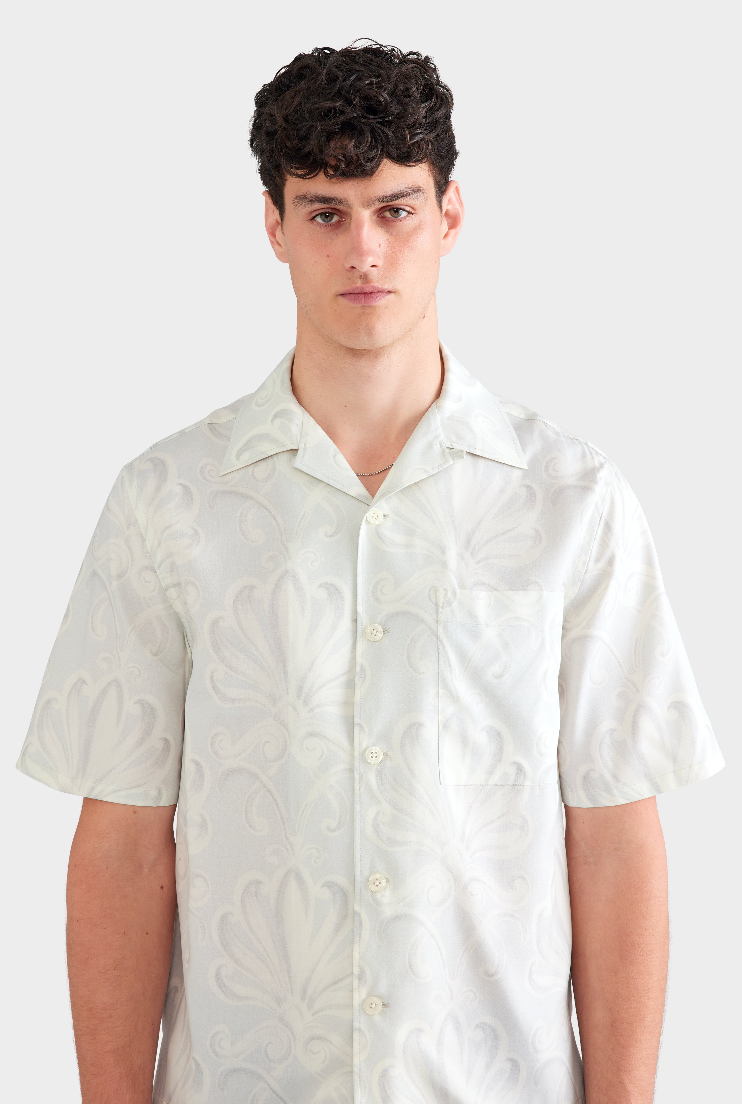 Elric Men's Shirt Grey Blue Silk Camp Collar with Palmette Floral Print 1